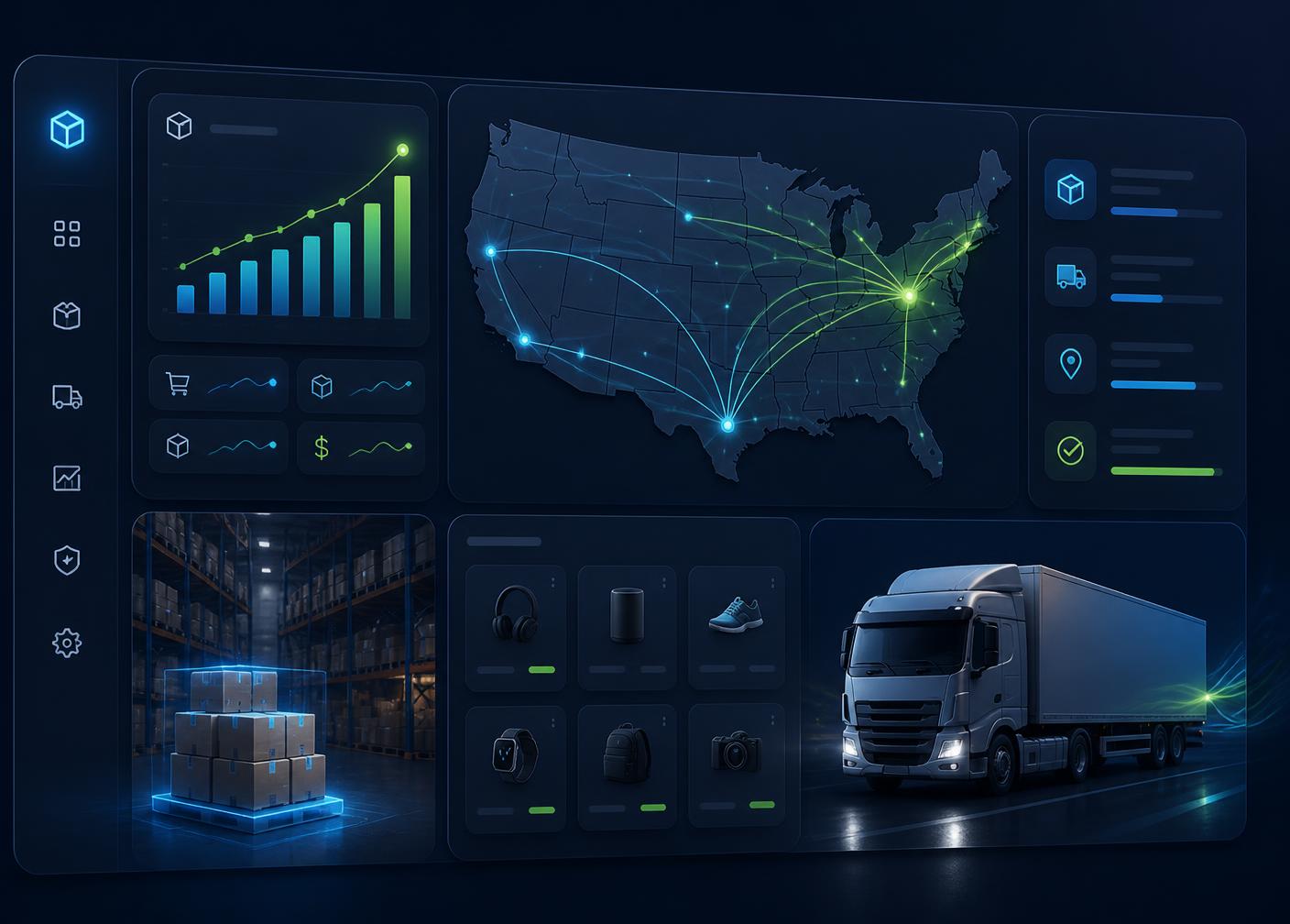 Solvar Hub BD warehouse dashboard showing US shipping routes, live order analytics, and same-day fulfillment
